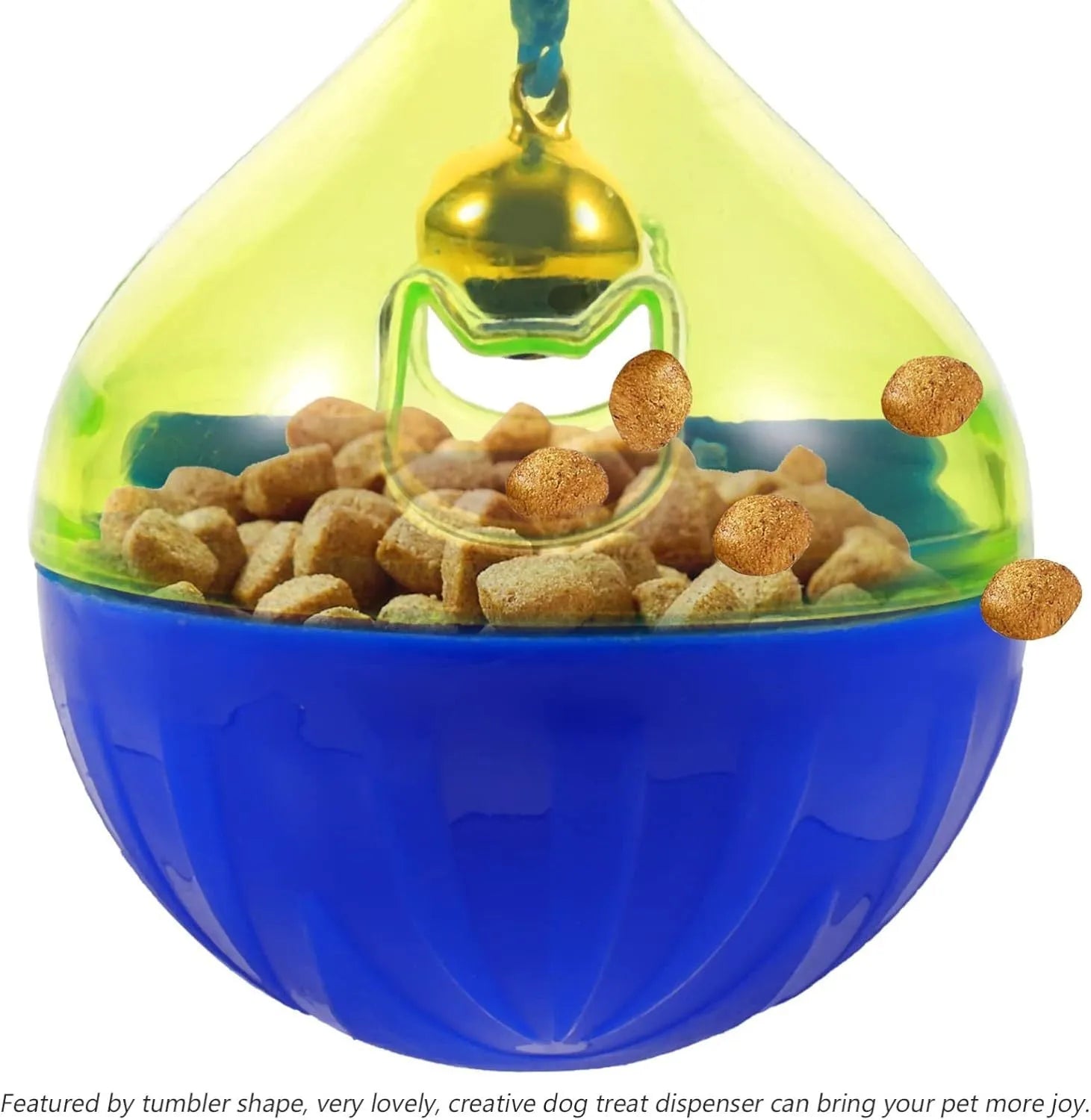 Tumbler-shaped pet treat dispenser with dimensions 14cm height, 10cm width, 10cm depth for slow feeding