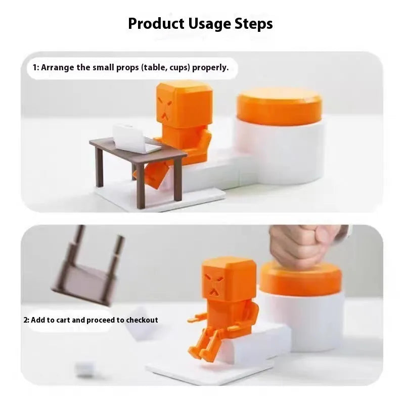 Orange plastic table-turning decompression toy measuring 16x6x7cm on wooden desk