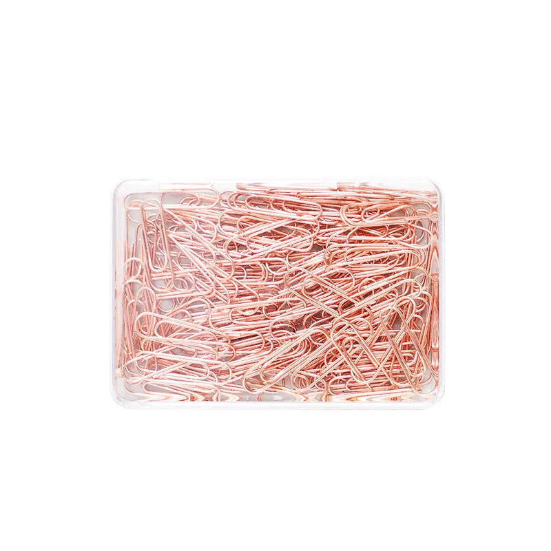 Rose gold coloured heart-shaped metal paper clips, 28mm size, in a box of 100 pieces.