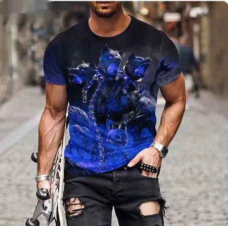 Men's 3D lion print t-shirt in various colours, showing bold graphic and polyester fabric