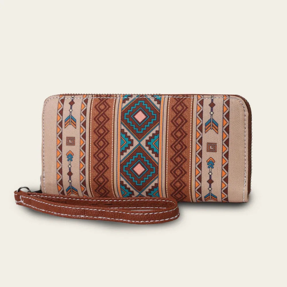 Bohemian Wind Belt RFID wallet in canvas with striped pattern, showing interior card slots and 20x10x2cm dimensions