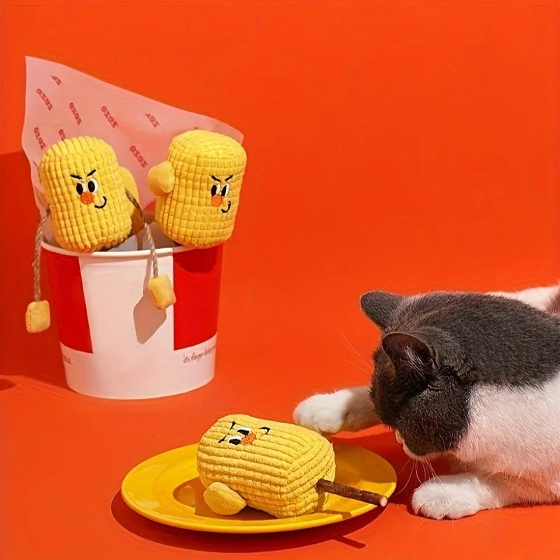 Corn cob-shaped cat toy made from natural polio wood, dimensions 7x6x15cm, for dental care and play