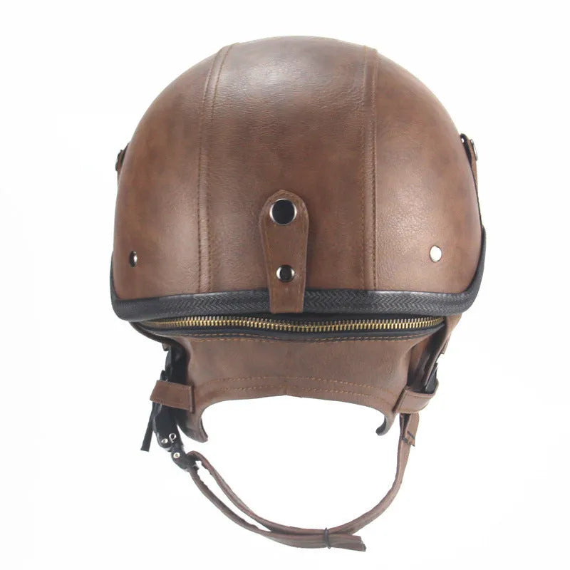 Retro half-pedal motorcycle helmet in ABS artificial leather, black and dark brown colour options
