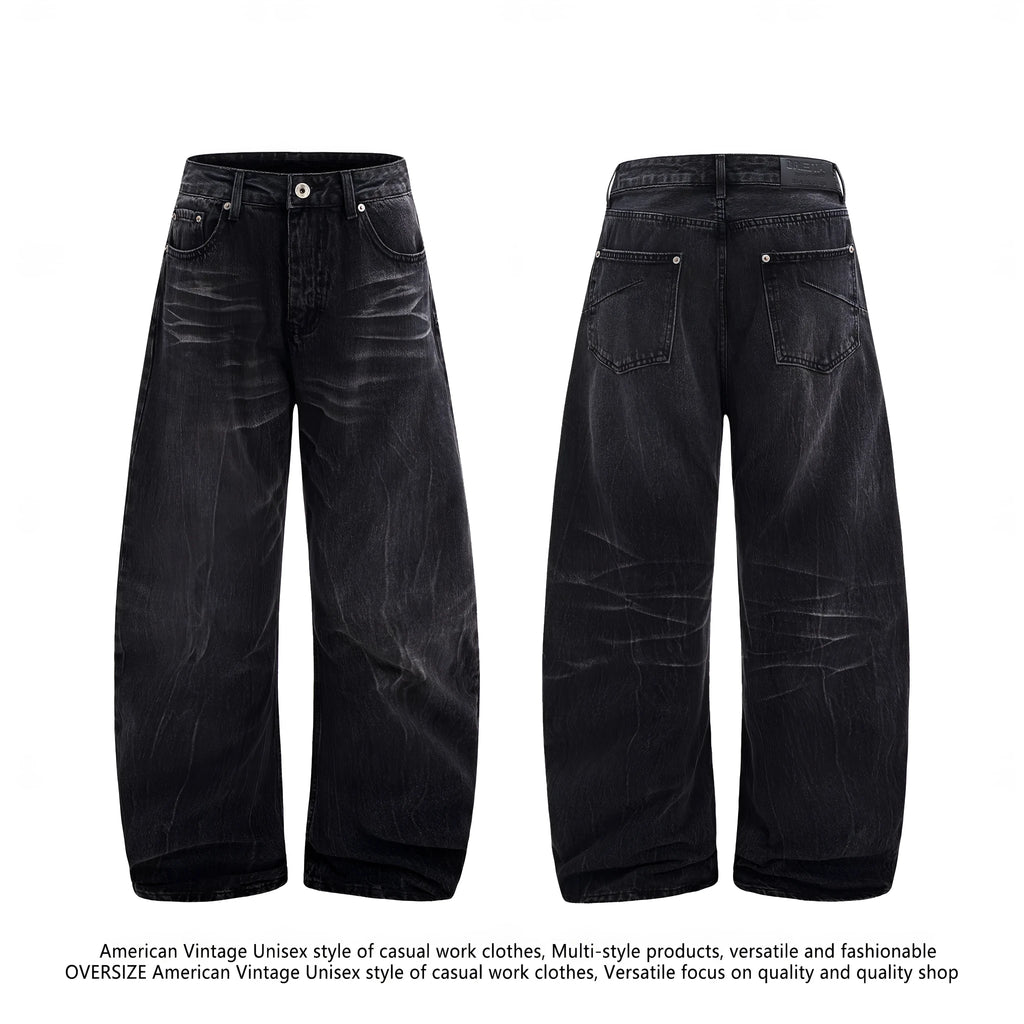 Men's black straight-leg jeans with faded lightning crack pattern on cotton denim