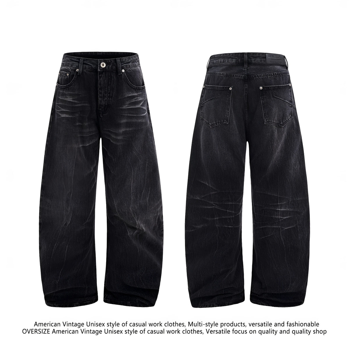 Men's black straight-leg jeans with faded lightning crack pattern on cotton denim
