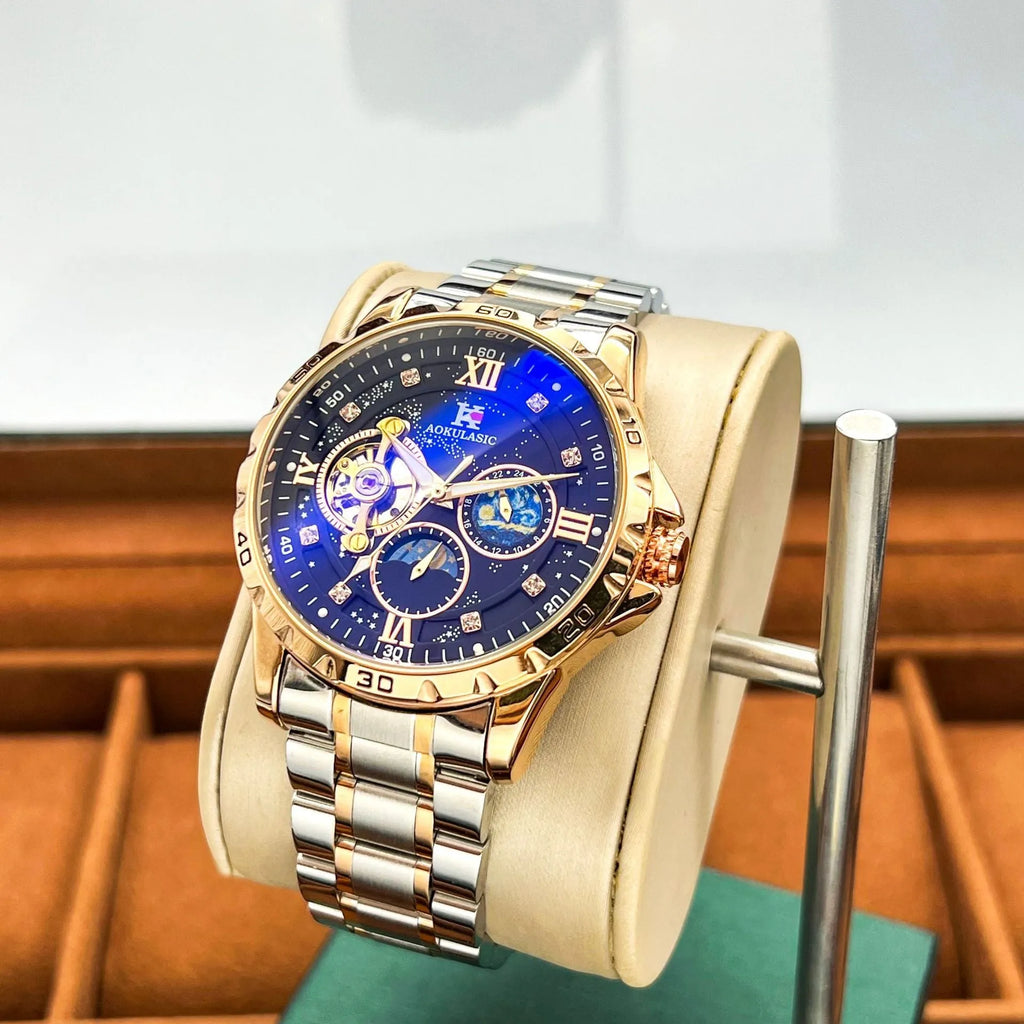 Automatic mechanical men's watch with rose gold shell, black surface, and large 42mm dial