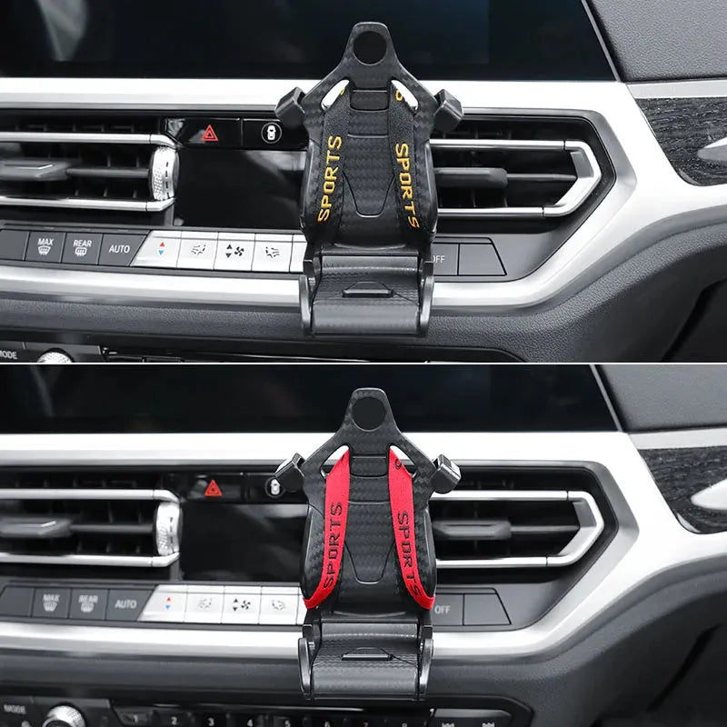 Racing seat shape car phone holder with 360-degree rotation on air vent, in gold tape colour