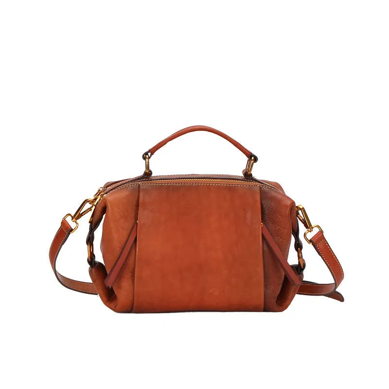 Genuine leather women's shoulder bag in pillow shape with open pocket, available in brown, coffee, grey and green