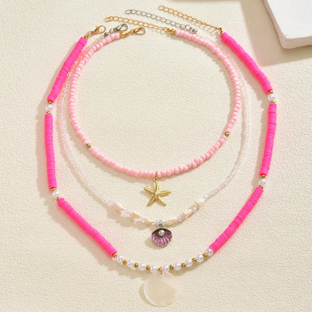 Polymer clay beaded necklace for women with multi-layer shell, twin clavicle chain, and geometric alloy pendant, 41-50cm.