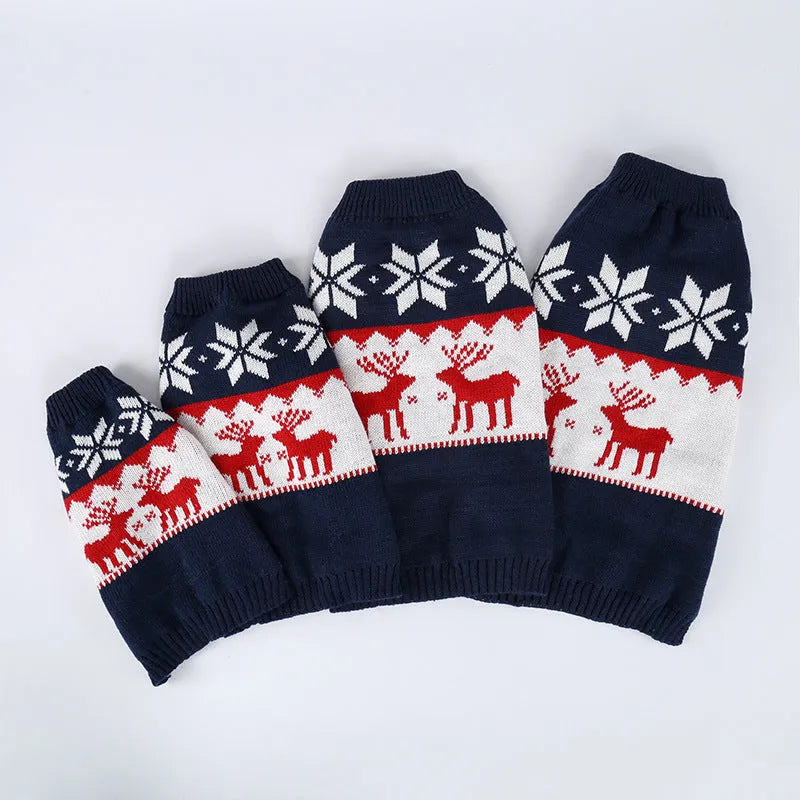 Navy blue knitted dog sweater with Christmas design, sizes XS to L, made from acrylic material.