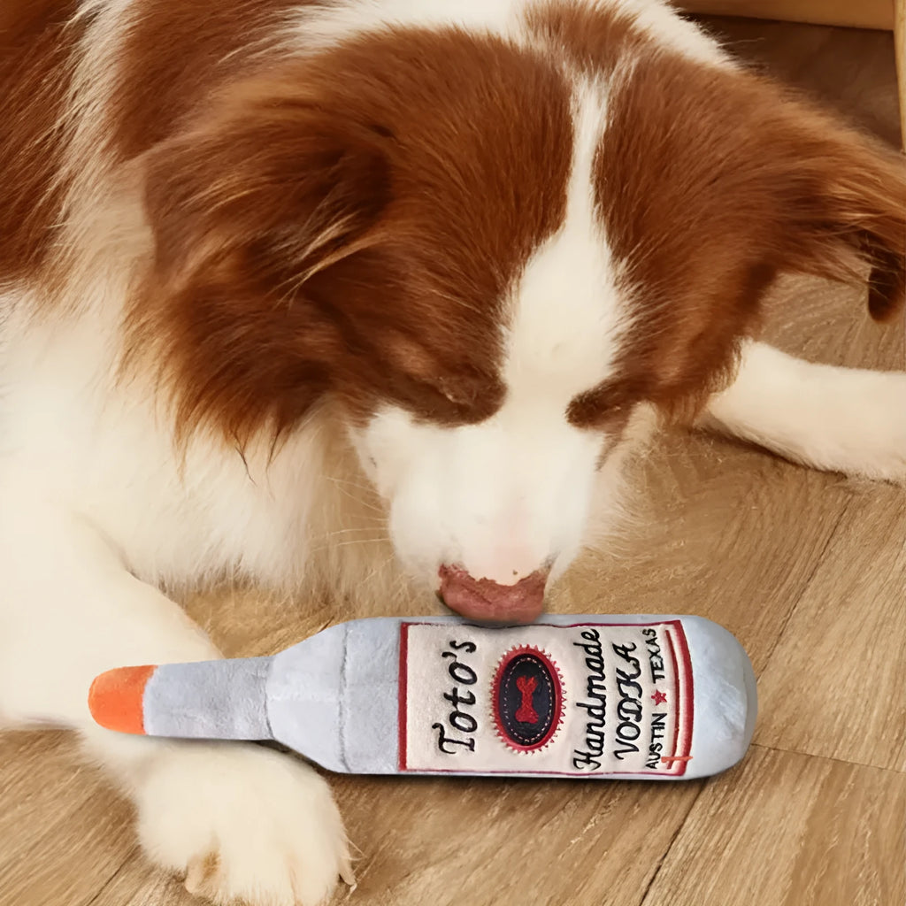 Brown wine bottle shaped plush dog toy with textured molar-like chewing surface