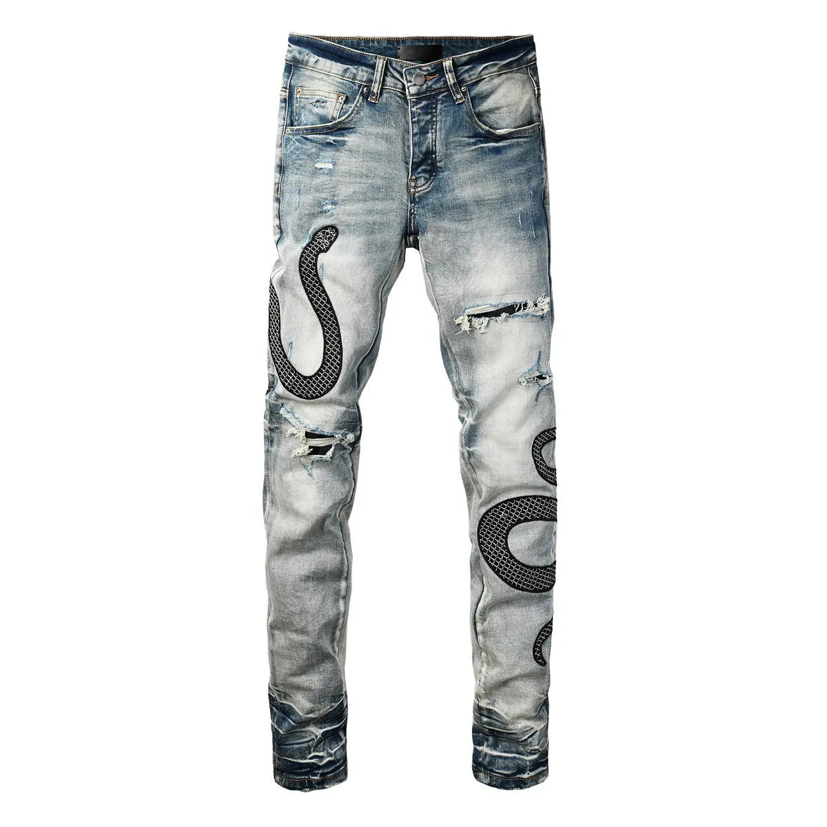 Blue distressed skinny jeans with a button fly on a mid-rise waist.