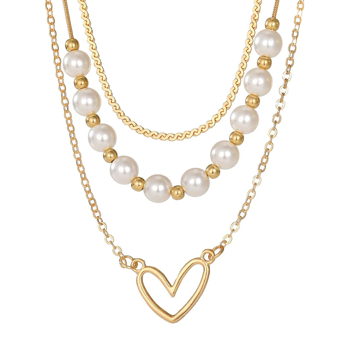Vintage gold heart necklace on pearl chain with adjustable 41-50cm length