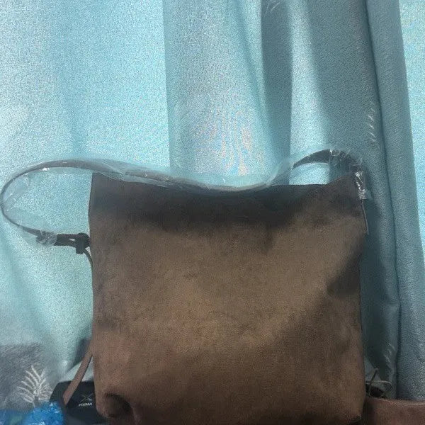 Brown velvet bucket shoulder bag for women with slit pocket, 40 x 15 x 25cm