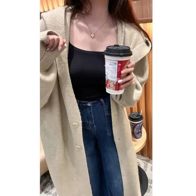 Korean style hooded long knitted cardigan for women in free size with below the knee length