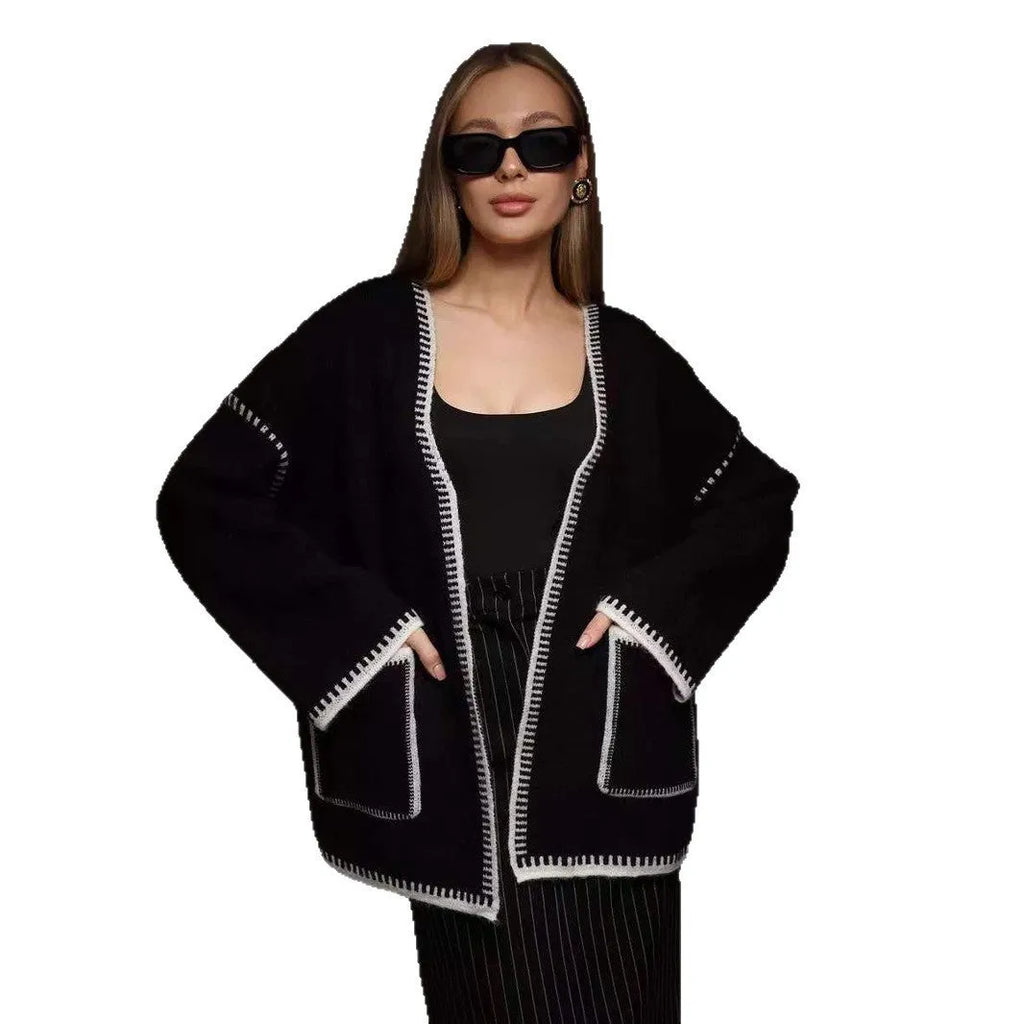 Lace-up front knitted cardigan in imitation cashmere fabric with 50cm body length and long sleeves