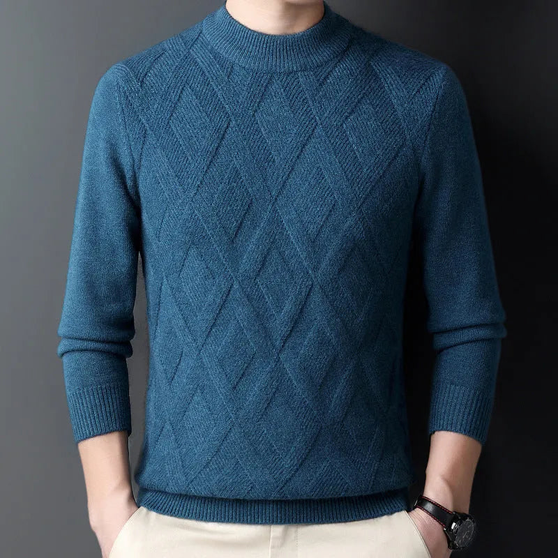 Men's winter sweater in diamond jacquard craft, available in light camel and other colours, with size options from 165 to 190 yards.