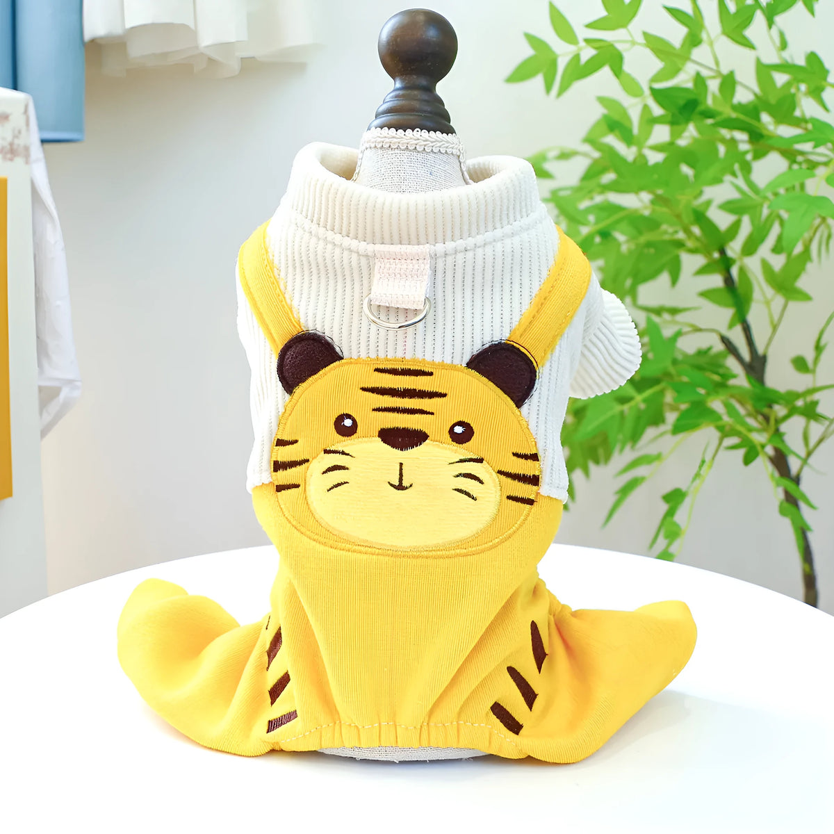 Corduroy dog suspender pants in Little Tiger overalls design, polyester pet clothing, sizes XS to XL