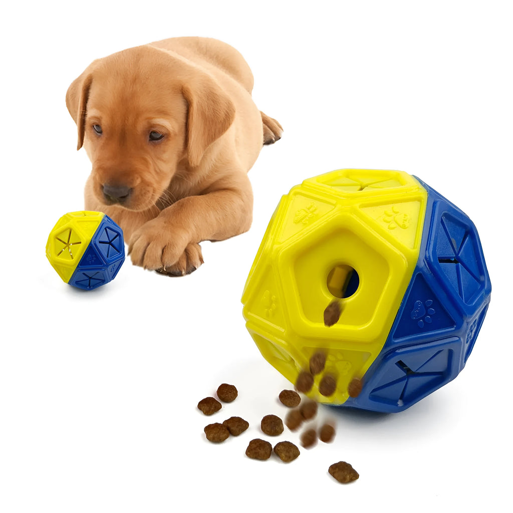 Red and blue bite-resistant rubber hollow dog toy ball for food dispensing and interactive play.
