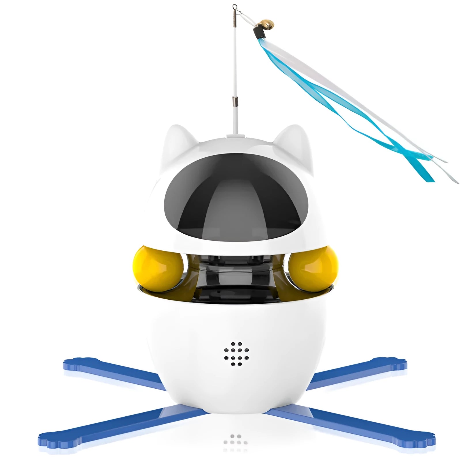 White automatic rotating cat toy with elastic rope and fluffy ball extended during operation