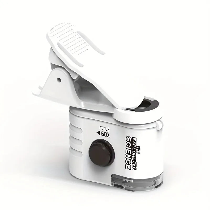 Mini mobile phone microscope with clip-on adapter showing 60x magnification capability
