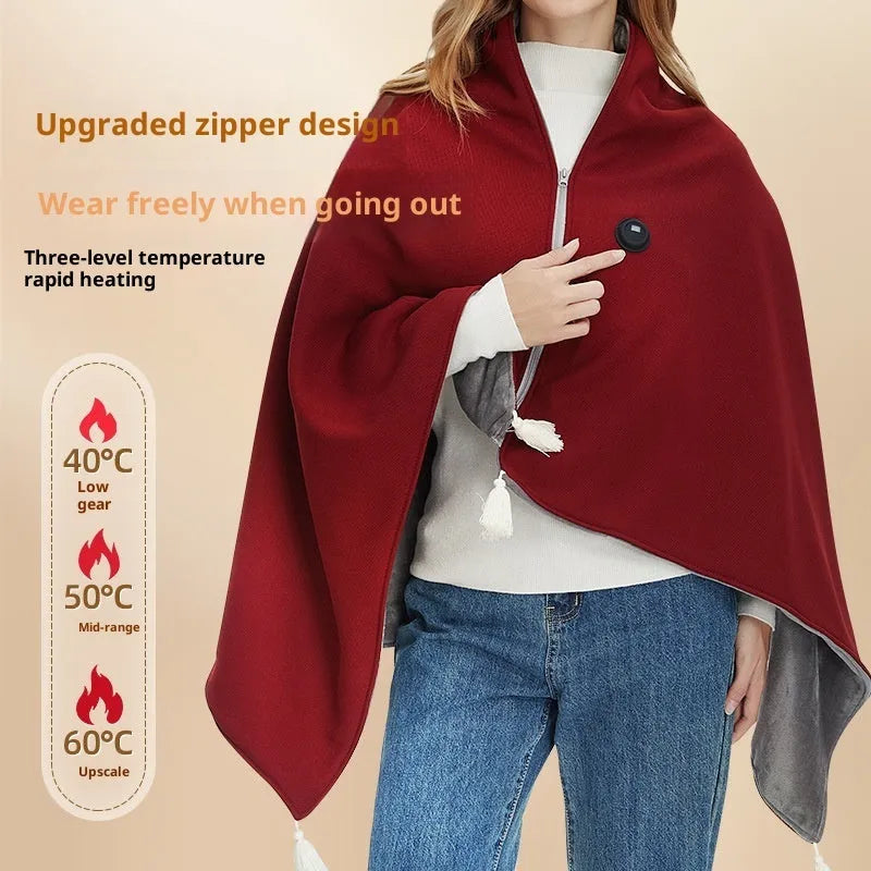 Shawl warm blanket in polyester, solid colour, with 4000mAh or 5000mAh power bank, available in green, red, or beige.