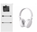 Wireless Bluetooth headset with head-mounted design shown in black, white, blue, and dark grey colour options.