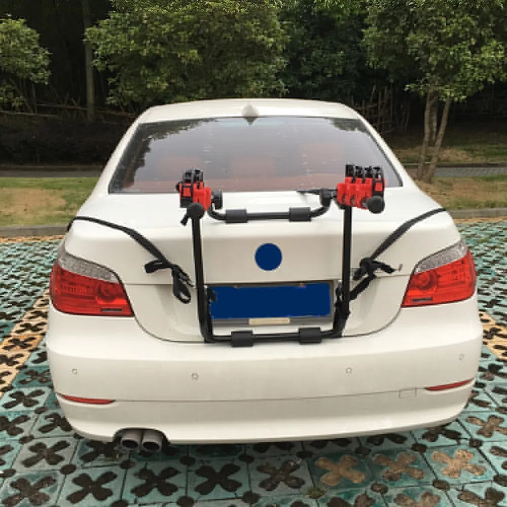 Black and red trunk-mounted car bike holder rack with 73x50cm dimensions showing tie rope fastening system