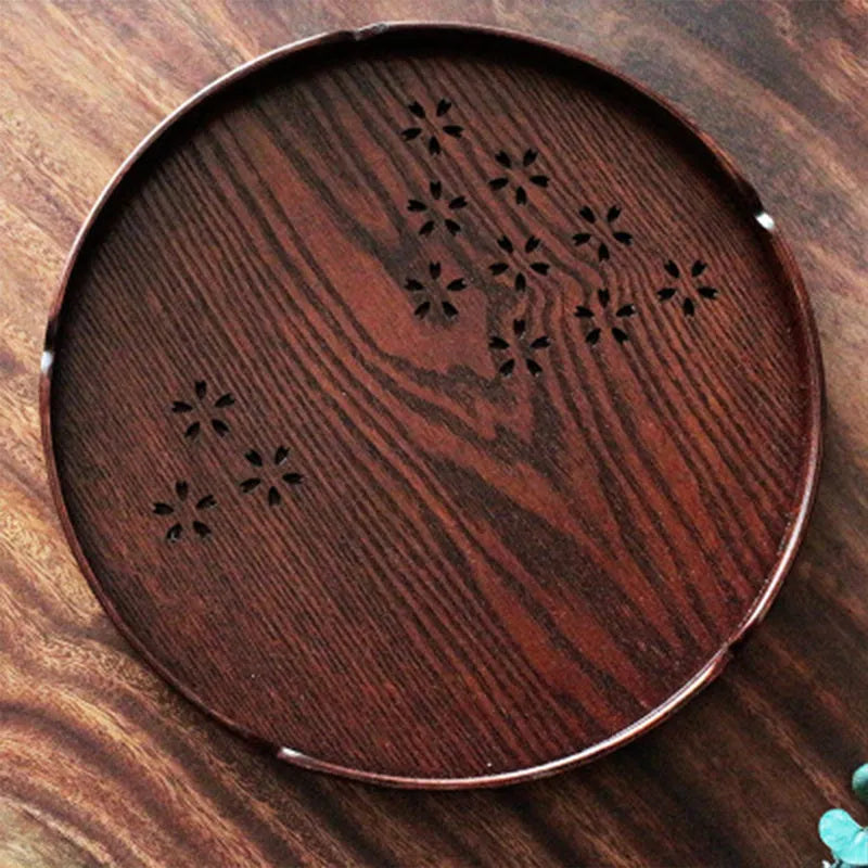 Wooden 30cm diameter plate with hollow cherry blossom design for fruit and dessert serving