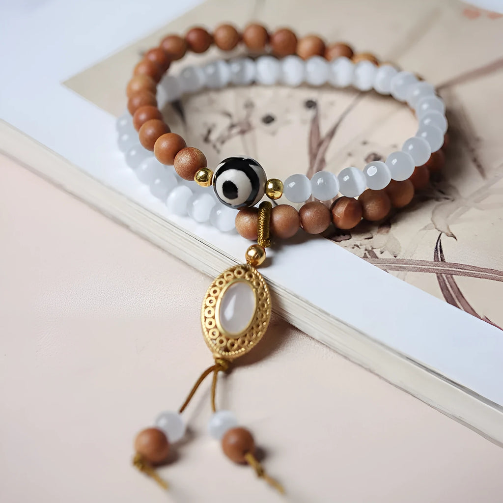 Sandalwood opal double ring retro bracelet with Tibetan beads and polished mixed materials