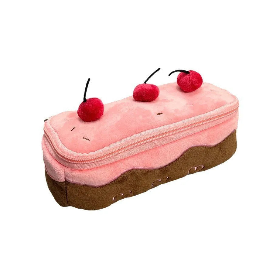 Cherry Cake Plush Pencil Bag in velvet with Korean style design and included pen case