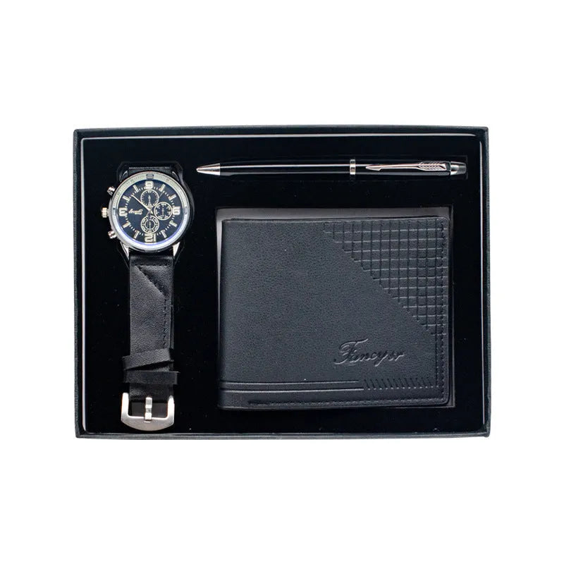 Creative Holiday Gift Wallet Pen Watch Set in brown or black with exquisite gift box, modern simplicity design