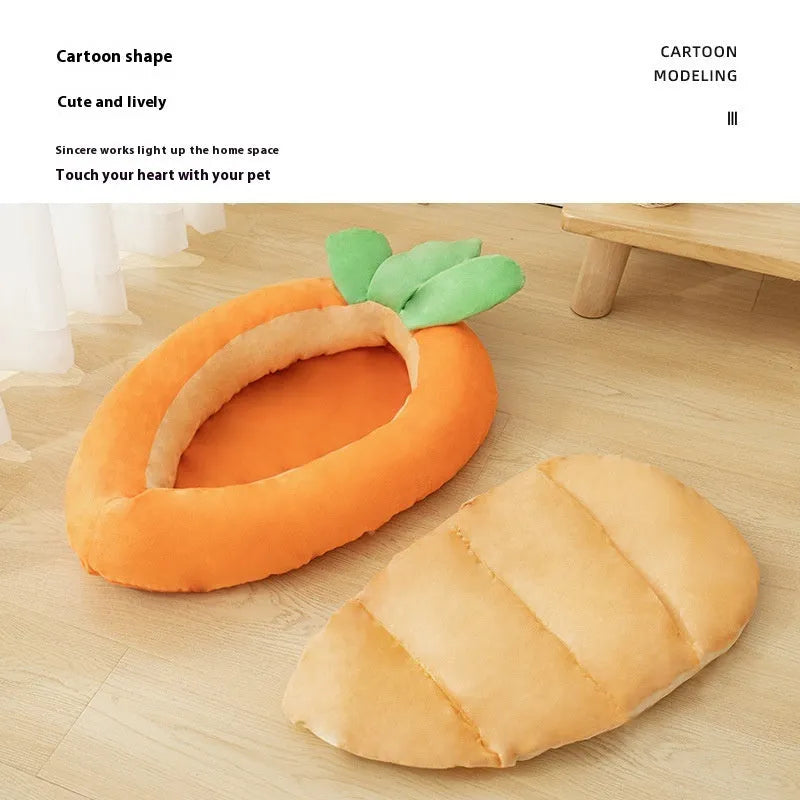 Carrot-shaped double-sided removable washable cat litter mat in orange colour with cloth construction