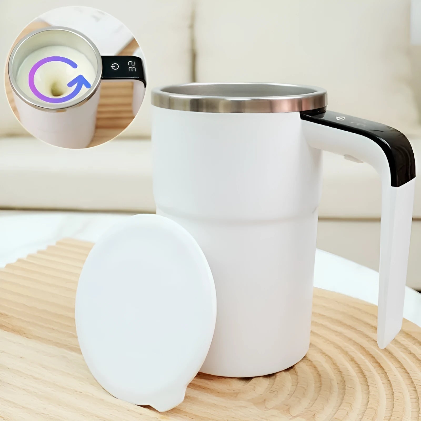 White electric stirring mug with LCD temperature display and magnetic stirrer base