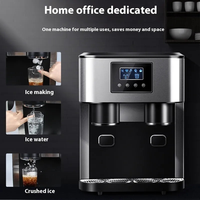 Black desktop ice maker machine with stainless steel interior on a kitchen countertop