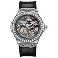 Automatic mechanical men's watch with hollow movement showing gears, diamond-studded markers, 16mm thickness, on leather strap