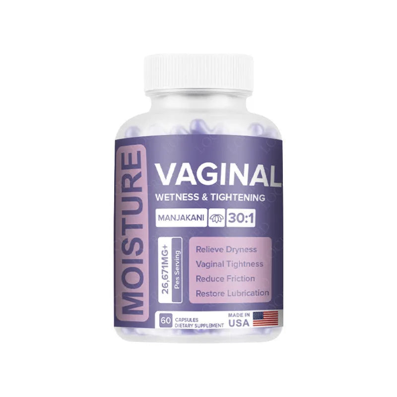 Sealed bottle of 60 vaginal capsules for women's intimate health, herbal extract supplement.