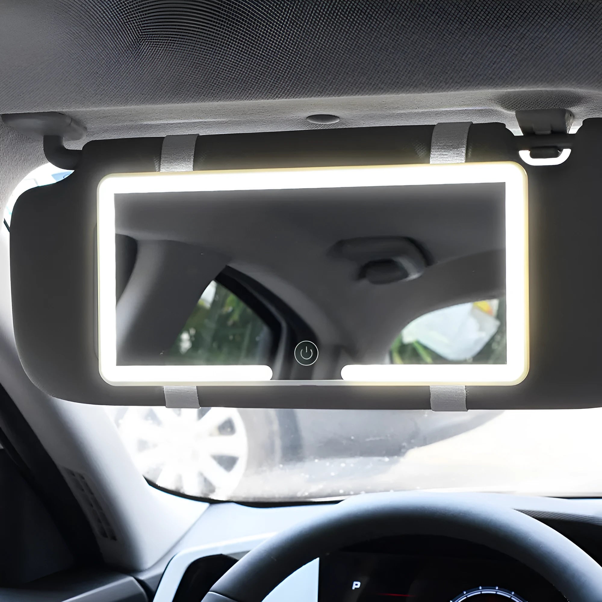 Universal car sun visor LED cosmetic mirror with dimming, showing 24cm by 11.5cm size.