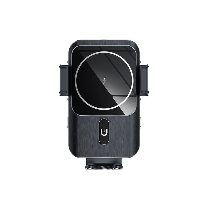 Car wireless charger phone holder with 15W fast charging in black, showing both suction cup and clip mounting options