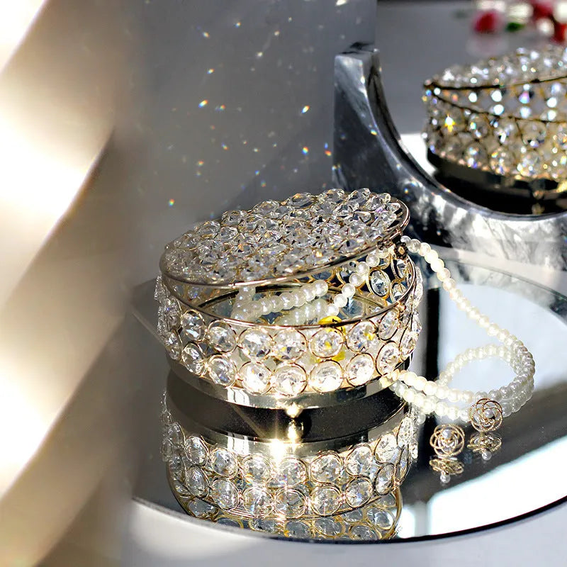 French gold jewellery box with crystal glass lid showing interior, measuring 15cm wide