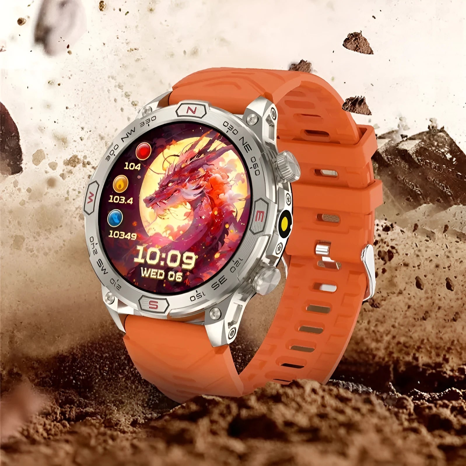 Sports smartwatch with AMOLED screen on wrist showing fitness metrics, zinc alloy case with silicone strap