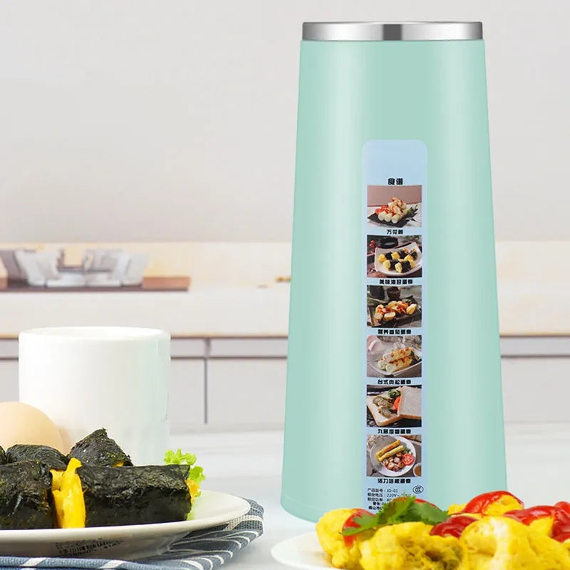 Compact 80W egg roll machine with stainless steel 304 top cover, pink or mint green sticker, 95mm x 200mm, for egg rolls and crispy sausages.