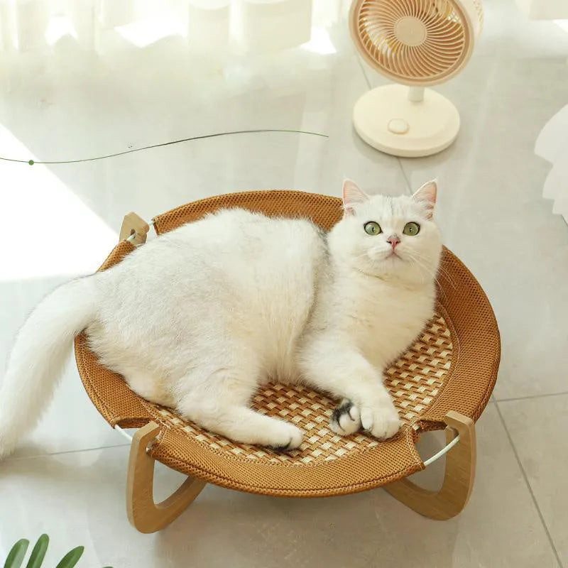 Brown woven rattan pet hammock measuring 46x46cm with 17.5cm elevation off ground