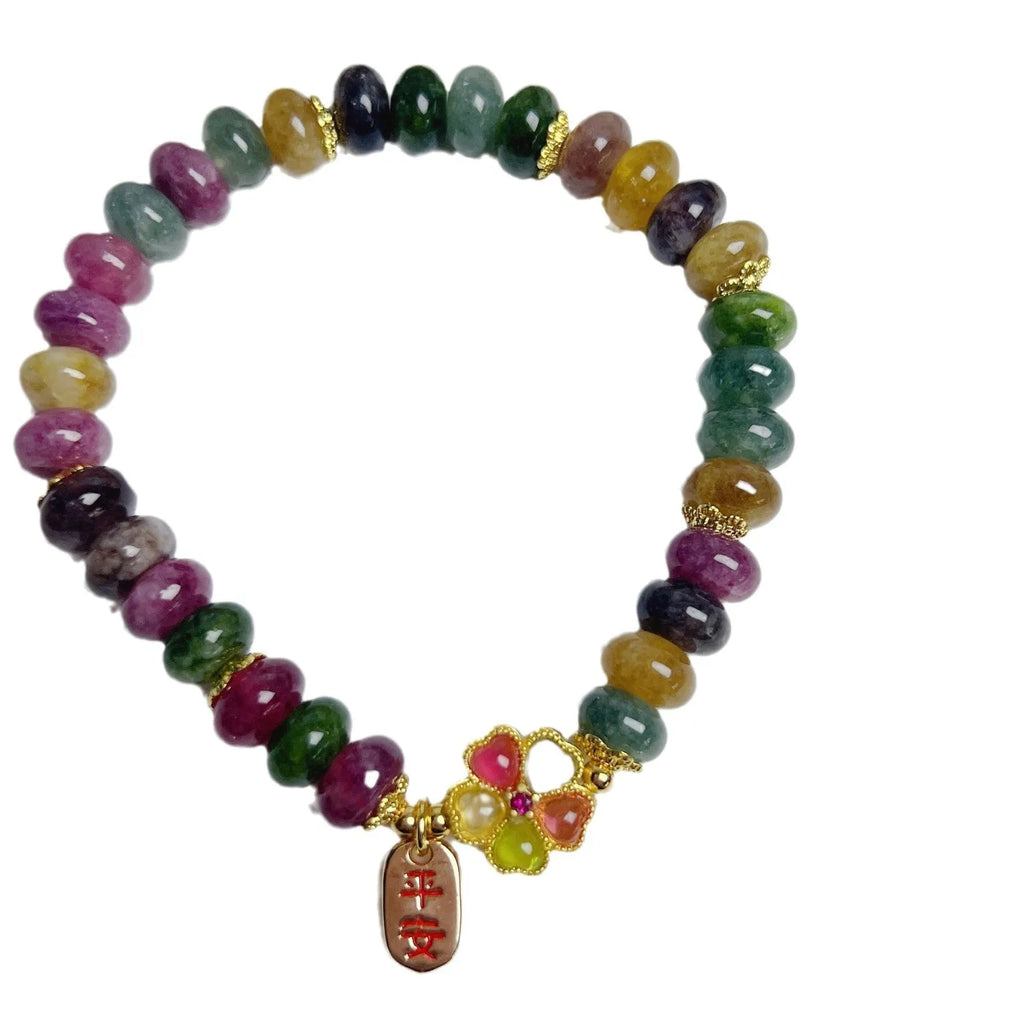 Colourful tourmaline abacus beads women's bracelet with artificial crystal construction