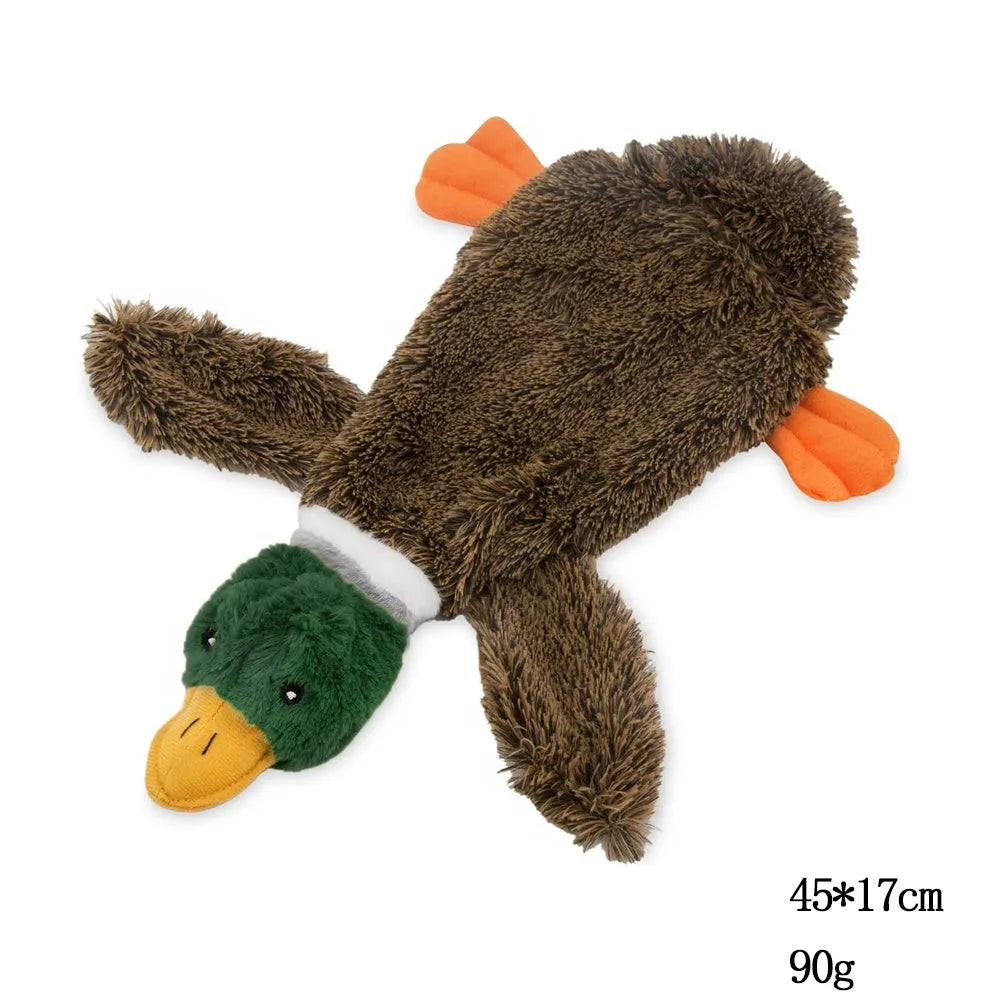 Green Wild Duck stuffless squeaky dog toy with no stuffing, showing self-fastening opening for plastic bottle.