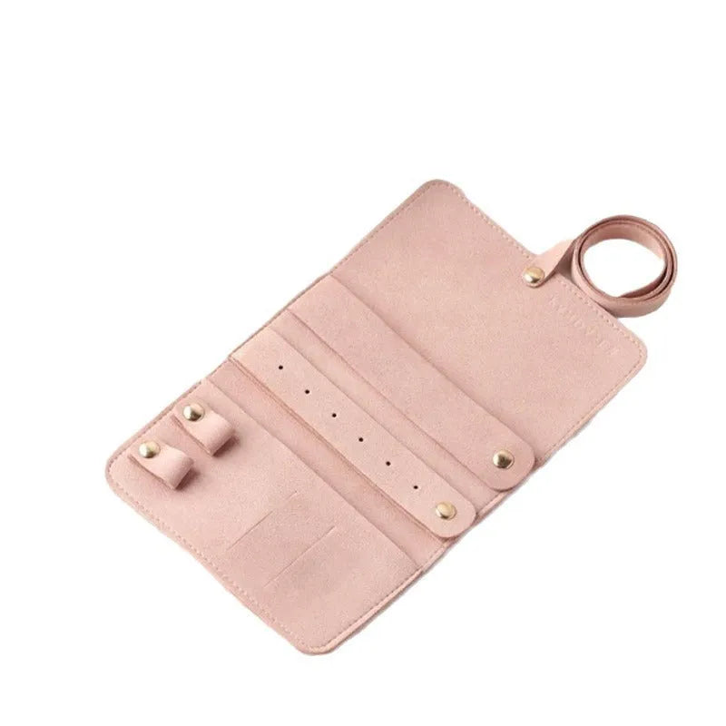 Square brown leather jewellery storage bag measuring 12x12cm for earrings and watches.