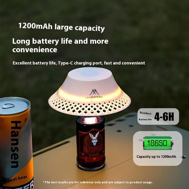 Beige wine bottle-shaped camping lantern with LED lights and USB Type-C port for charging