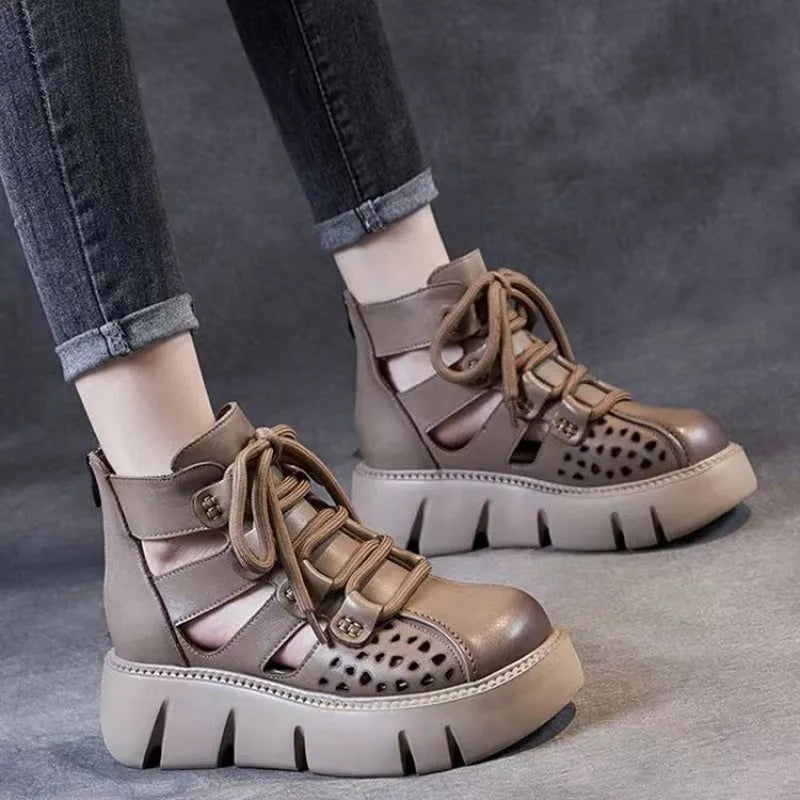 Women's black platform sandals with fish mouth toe and hollow hole design on plush upper