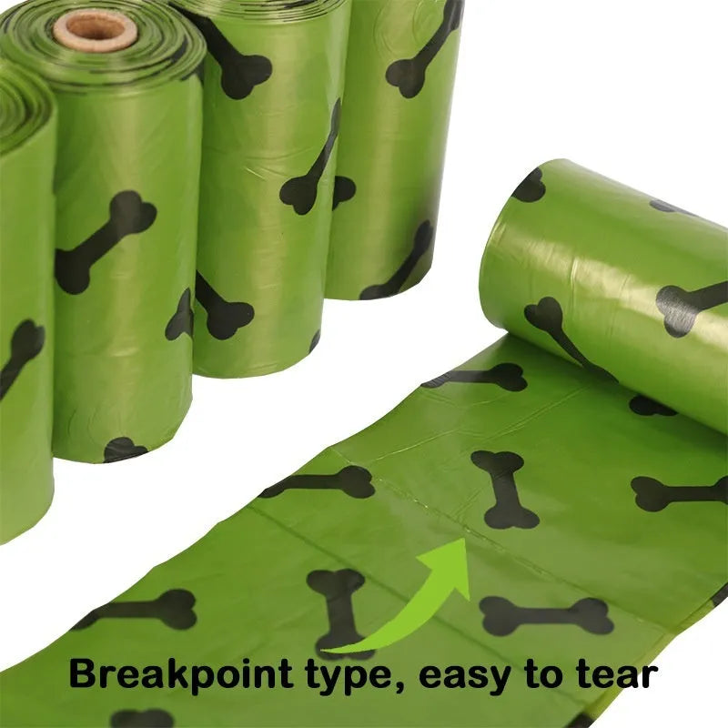 Degradable dog poop bags in military green with black bone print, 23cm by 33cm size, EPI+HDPE material
