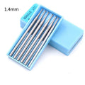 Six tungsten steel carving cutters with thin disc needle heads in sizes from 1.0mm to 2.0mm, each with a 2.35mm mandrel.